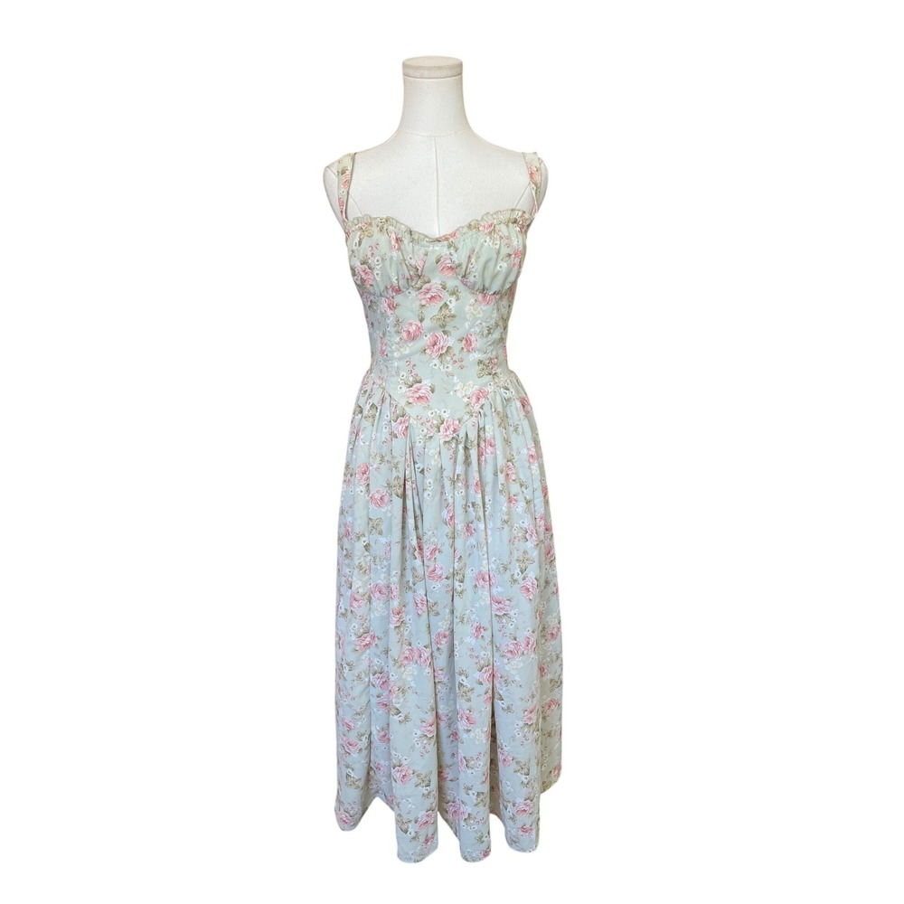 Milkmaid Cottagecore Basque Waist Floral Dress Size M Romantic Victorian Pastel - Picture 2 of 9